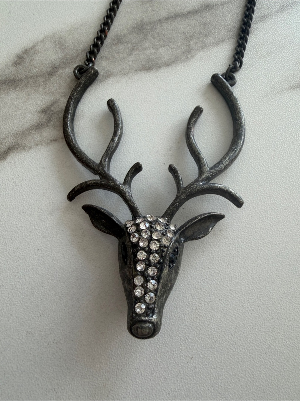 Decorative Deer Head Pendant Necklace - Black with Crystal Accents vintage